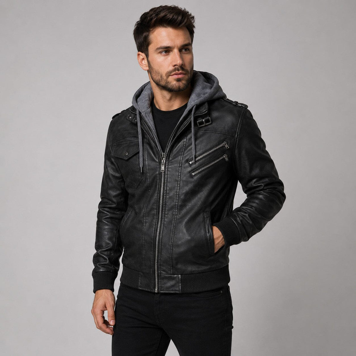 Lederjacke Herren Schwarz mit Abnehmbarer Kapuze Lederjacke Herren Schwarz mit Abnehmbarer Kapuze Eldenmark 
