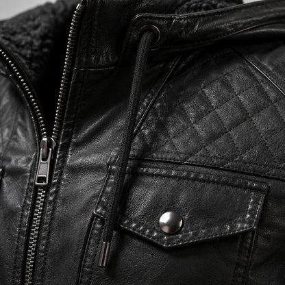 Lederjacke Herren Schwarz mit Kapuze und Bändchen Lederjacke Herren Schwarz mit Kapuze und Bändchen Eldenmark 