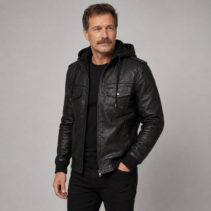 Lederjacke Herren Schwarz mit Kapuze und Bändchen Lederjacke Herren Schwarz mit Kapuze und Bändchen Eldenmark 