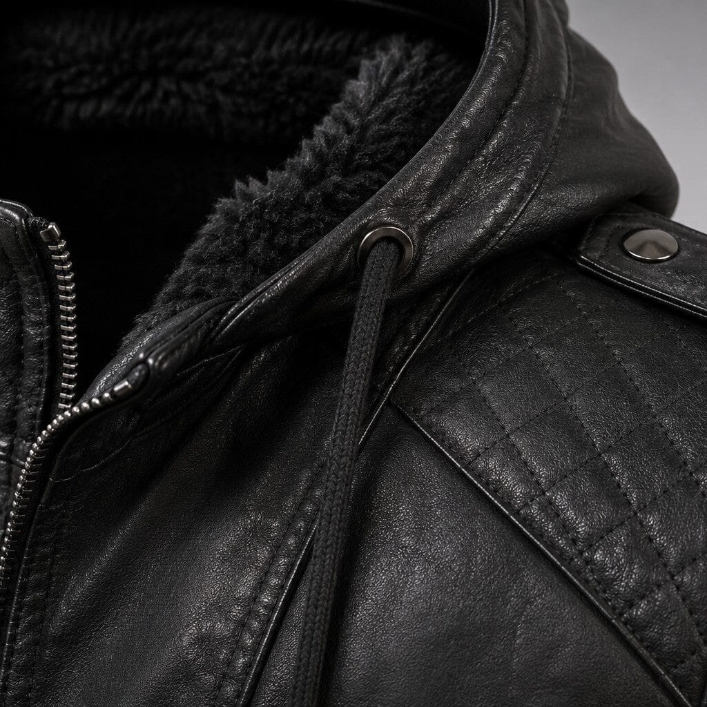Lederjacke Herren Schwarz mit Kapuze und Bändchen Lederjacke Herren Schwarz mit Kapuze und Bändchen Eldenmark 