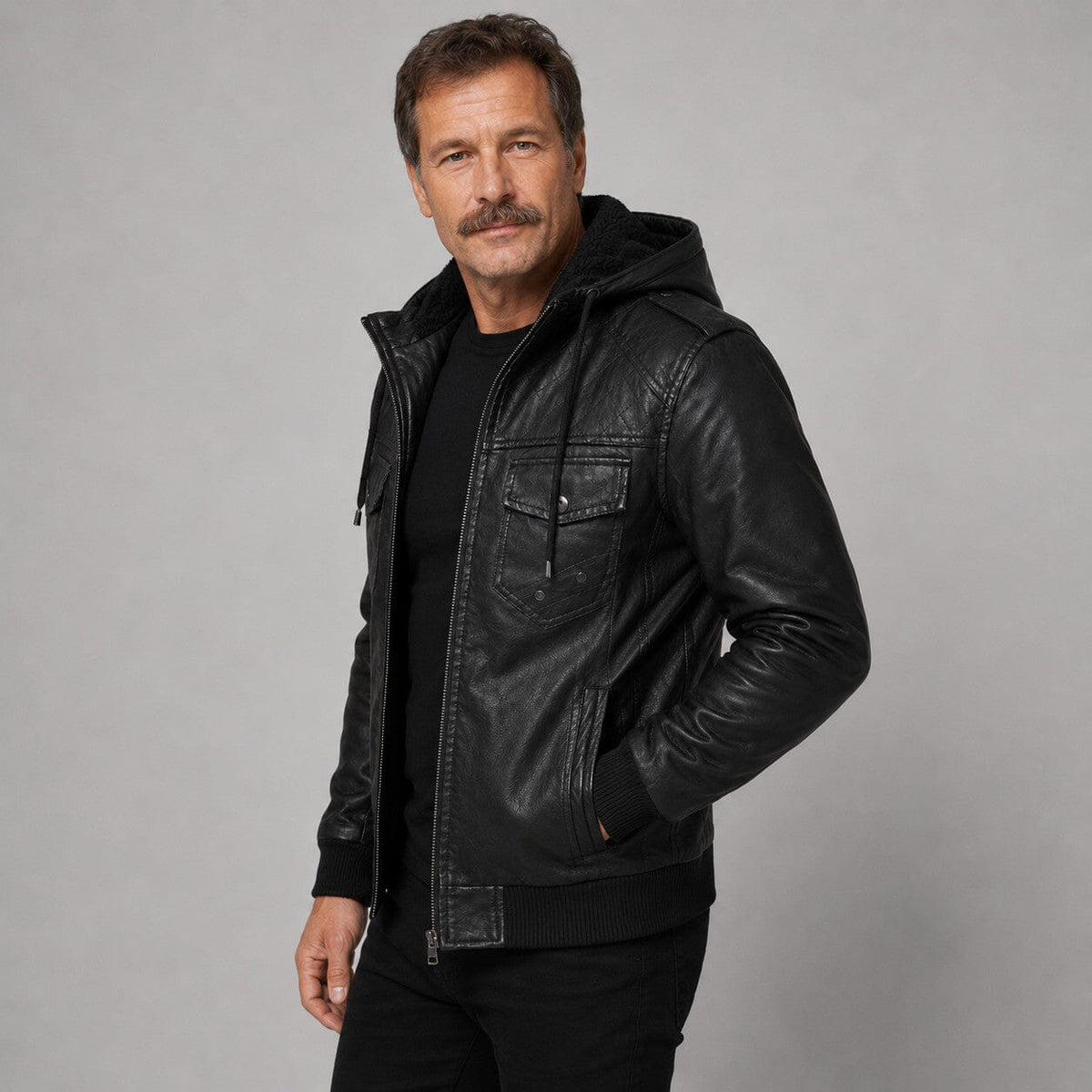 Lederjacke Herren Schwarz mit Kapuze und Bändchen Lederjacke Herren Schwarz mit Kapuze und Bändchen Eldenmark 