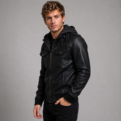 Lederjacke Herren Schwarz mit Kapuze und Brusttaschen Lederjacke Herren Schwarz mit Kapuze und Brusttaschen Eldenmark 