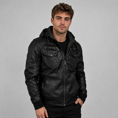 Lederjacke Herren Schwarz mit Kapuze und Brusttaschen Lederjacke Herren Schwarz mit Kapuze und Brusttaschen Eldenmark 