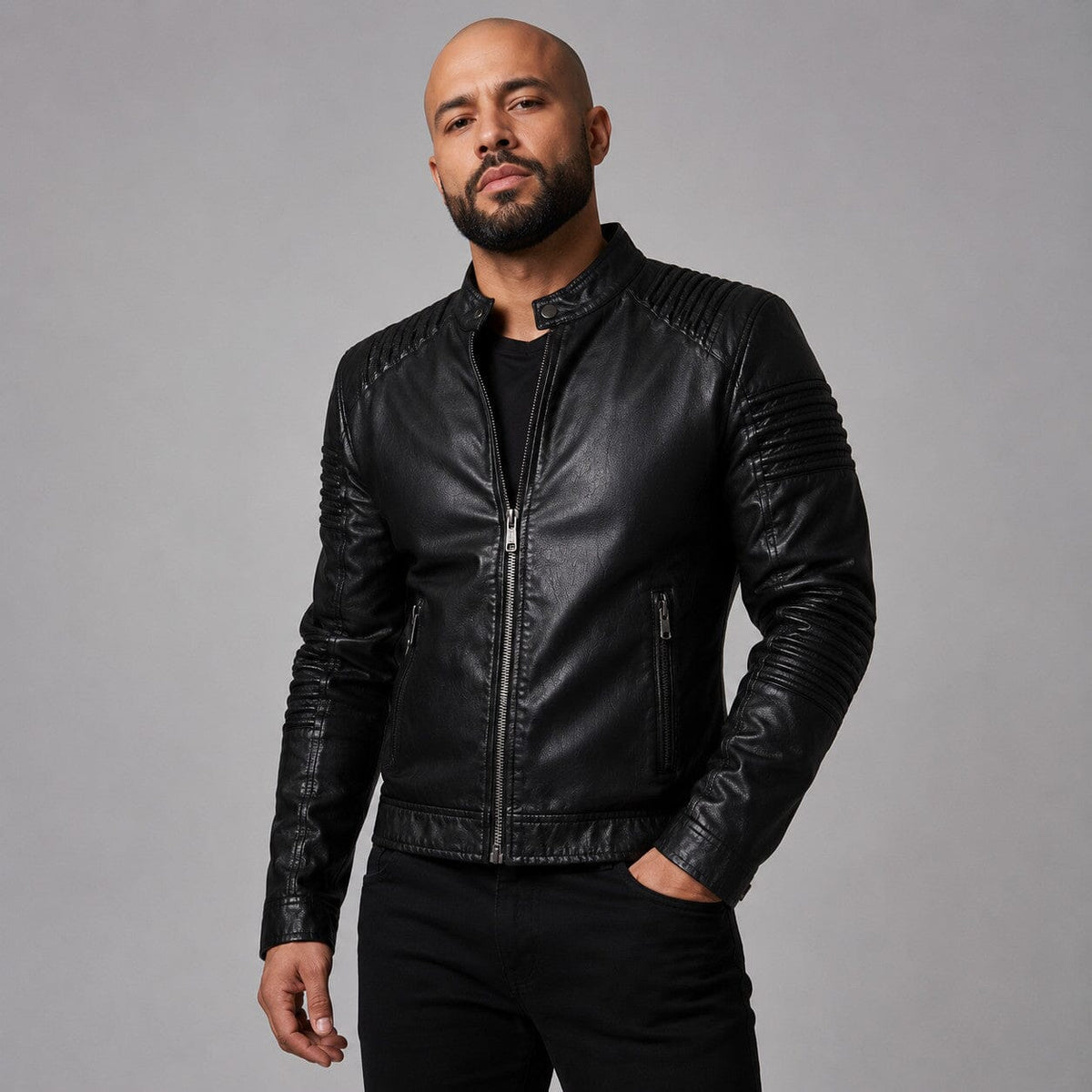 Lederjacke Herren Schwarz Slim Fit mit Stehkragen Lederjacke Herren Schwarz Slim Fit mit Stehkragen Eldenmark 