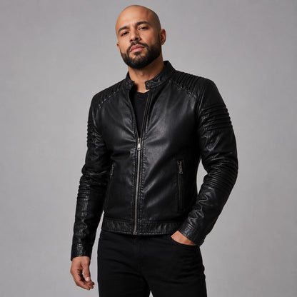 Lederjacke Herren Schwarz Slim Fit mit Stehkragen Lederjacke Herren Schwarz Slim Fit mit Stehkragen Eldenmark 