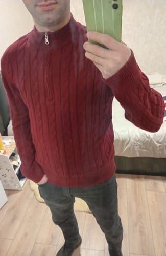 Kundenfoto zu Herren Strickpullover Zopfmuster mit kurzem Reißverschluss